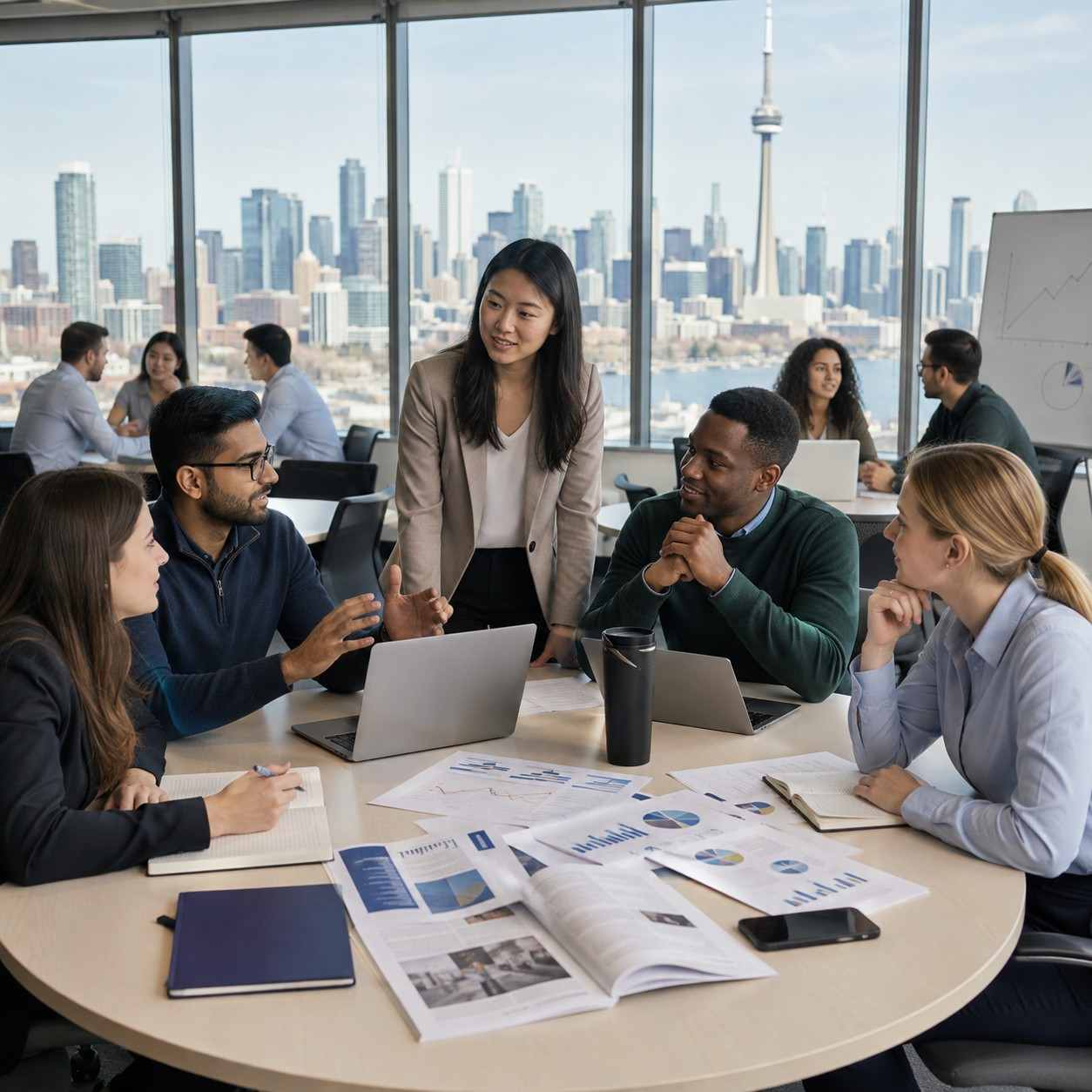 Schulich MBA students collaborating on a business project in Toronto with the city skyline and CN Tower in the background.
